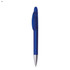 A blue plastic pen with a transparent body and a silver tip, featuring a clip and a branding logo.