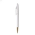 A white metal pen with a gold tip, featuring a simple design and a clip. It has a logo on the body.