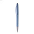 A plastic pen in a light blue colour with a silver tip and a clip. The pen features a branding logo.
