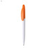 A white plastic pen with an orange cap and clip, featuring a logo.