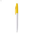 A plastic pen with a yellow cap and white barrel, featuring a logo.