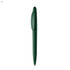 A green plastic pen with a clip and a smooth design, featuring a branding logo.
