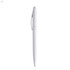 A plastic pen in white with a smooth barrel design and a clip on the side. It has a branding logo.