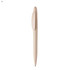 A beige plastic pen with a sleek design and a clip for easy attachment. It features a logo on the barrel.