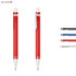 A red plastic pen with a silver clip, alongside pens in black, blue, and grey, displayed on a white background.