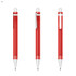 A set of three red plastic pens with silver accents and transparent barrels, each featuring a clip.
