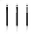A black plastic pen with a silver clip and tip, featuring a transparent barrel. The pen has a logo on it.