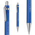 A blue plastic pen with a silver clip and tip, featuring a logo on its barrel.