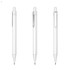 A white plastic pen with a glossy finish, featuring a clip and a pointed tip. The pen is displayed from three angles.