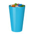 A bright blue cup filled with multicoloured jelly beans, including green, white, orange, and pink.