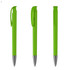 A set of three green plastic pens with silver tips and clip-on caps, featuring a branding logo.