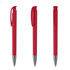 A red plastic pen with a clip, featuring a smooth barrel and chrome accents. The design includes three angles of the pen.