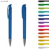 Two transparent blue plastic pens with silver tips, alongside a range of colourful pen options. Features a logo.