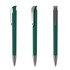 A green plastic pen with a silver clip, displayed from three angles. The pen features a smooth barrel design.