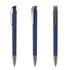 A navy blue plastic pen with a silver clip, displaying three angles. It has a sleek, modern design.