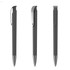 A plastic pen in black with a silver clip, displayed from multiple angles. Features a simple design and a logo.