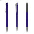 A transparent purple plastic pen with a silver clip and a shiny tip, featuring branding on the side.