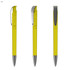 A transparent yellow plastic pen with a silver clip and black tip displayed from three angles.