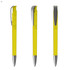A set of bright yellow plastic pens with silver accents, featuring a clip and a sleek design.