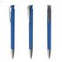 A blue plastic pen with a silver clip, featuring a sleek design and a shiny barrel. It has a logo on the side.
