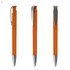 An orange plastic pen with a silver clip, displayed from three angles. It features a sleek design and a shiny finish.
