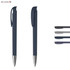A soft grip plastic pen in dark blue with silver accents, featuring a clip and a logo. Additional pen colours are shown.