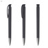 A set of three black plastic pens with soft grips and silver accents, featuring a logo on each.