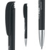 A black plastic pen with a soft grip, featuring a silver tip and a logo on the barrel.
