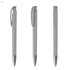 A trio of metallic grey plastic pens with sleek designs, each featuring a clip and a shiny silver tip.