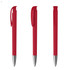A red plastic pen with a sleek design, featuring a clip and a shiny silver tip. The pen has a branding logo.