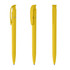 A yellow plastic pen with a recycling logo, featuring a clip and a smooth body design.