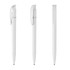 A white plastic pen with a smooth finish and a clip design, featuring a simple branding logo.
