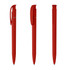 A set of three red plastic pens with different angles displayed. Each pen features a logo.