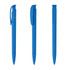 A set of three blue plastic pens with a clip and a smooth design, featuring a logo on the barrel.