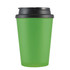 A drinkware coffee mug in vibrant green with a black lid and handle. It features a logo on the surface.