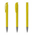 A yellow metal pen with a high gloss finish, featuring a clip and a sleek design from multiple angles.