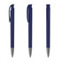 A metal pen in navy blue with a glossy finish and a clip, featuring a branding logo.