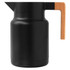 A drink bottle featuring a sleek black design with a wooden handle and a spout. It has a logo on the surface.