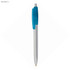 A light blue plastic pen with a clear blue grip and a silver barrel, featuring a brand logo.