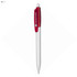 A plastic pen with a red grip and silver barrel, featuring a branding logo on the side.