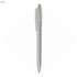 A plastic pen in clear and silver, featuring a simple design and a logo on the barrel.