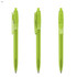 Three transparent green plastic pens displayed from different angles, each with a clip and grip for easy handling.