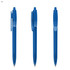 A blue plastic pen featuring a transparent barrel and a clip, displayed from multiple angles. It has a logo on the side.