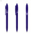 A blue transparent plastic pen with a clip, featuring a smooth barrel and a visible ink refill.