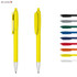 Two yellow plastic pens are displayed, featuring a clip and shiny silver tip, alongside various colour options.
