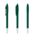 A green plastic pen with a silver tip, featuring a clip and a push mechanism. The pen is shown from three angles.