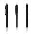 A black plastic pen with a clip and a silver tip, featuring a logo on the barrel, shown from three angles.