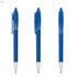 A plastic pen in transparent blue with a silver nib, featuring a clip and a push button mechanism.