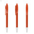 Three orange plastic pens with retractable tips, featuring a clip and a silver nib. The pens have a simple design.