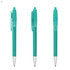 A set of three transparent turquoise plastic pens with silver tips and a clip. Contains branding on the pen body.